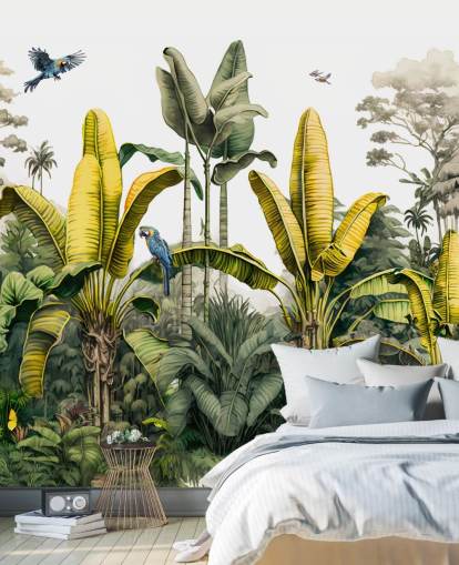 grüne und gelbe Dschungel-Tapete mit Vögel grüne und gelbe Dschungel-Tapete mit Vögel