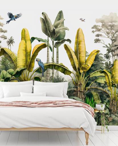 mural de papel de parede verde e amarelo da selva com pássaros mural de papel de parede verde e amarelo da selva com pássaros