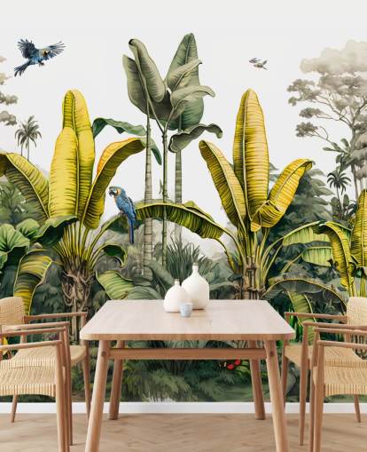 mural de papel pintado de jungla verde y amarillo con pájaros
