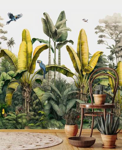 green and yellow jungle wallpaper mural with birds