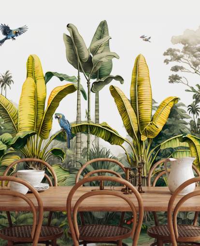 mural de papel pintado de jungla verde y amarillo con pájaros mural de papel pintado de jungla verde y amarillo con pájaros