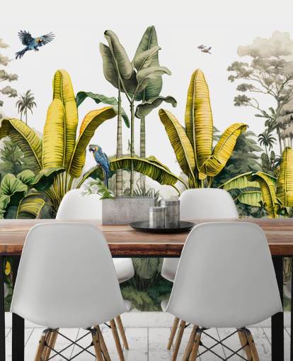 papier peint mural de la jungle verte et jaune avec des oiseaux