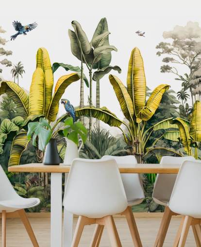 papier peint mural de la jungle verte et jaune avec des oiseaux