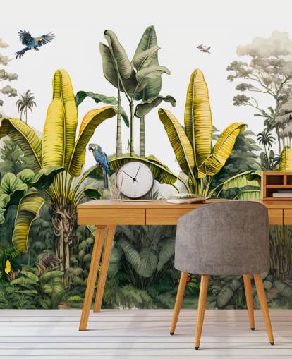 mural de papel pintado de jungla verde y amarillo con pájaros