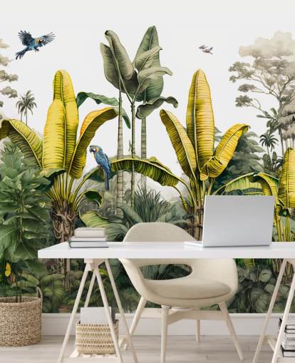 groene en gele jungle behangmuurschildering met vogels