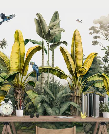 green and yellow jungle wallpaper mural with birds