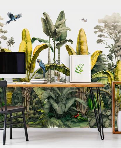 green and yellow jungle wallpaper mural with birds