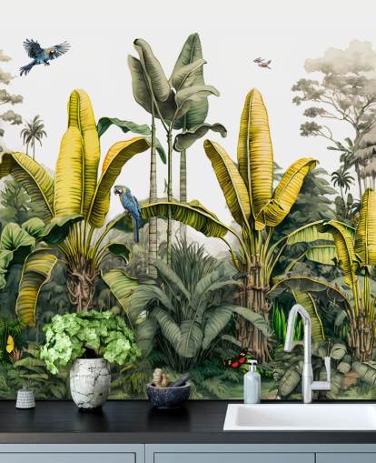 papier peint mural de la jungle verte et jaune avec des oiseaux