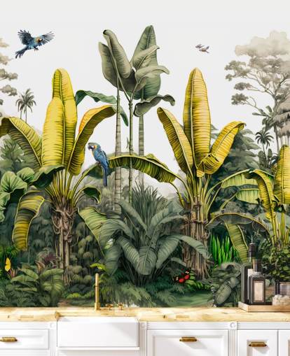 groene en gele jungle behangmuurschildering met vogels