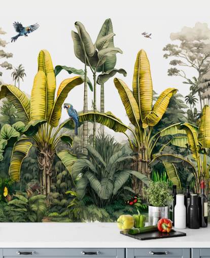 mural de papel de parede verde e amarelo da selva com pássaros mural de papel de parede verde e amarelo da selva com pássaros