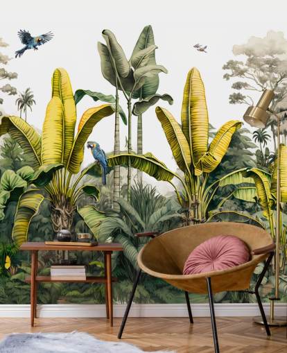 papier peint mural de la jungle verte et jaune avec des oiseaux
