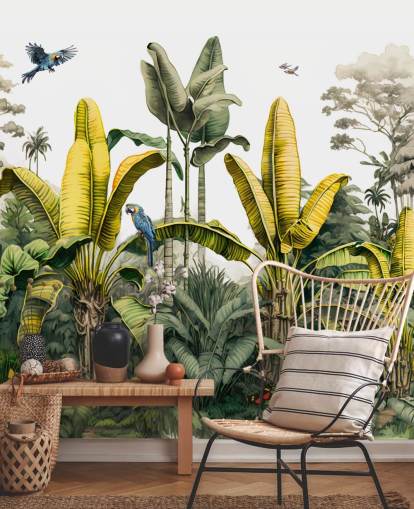 papier peint mural de la jungle verte et jaune avec des oiseaux papier peint mural de la jungle verte et jaune avec des oiseaux