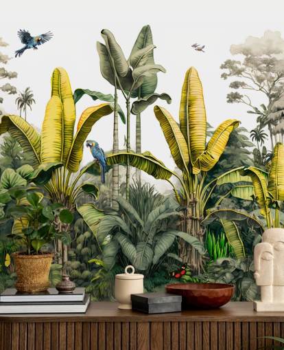 mural de papel pintado de jungla verde y amarillo con pájaros