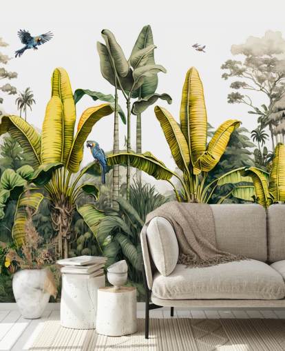 mural de papel pintado de jungla verde y amarillo con pájaros mural de papel pintado de jungla verde y amarillo con pájaros