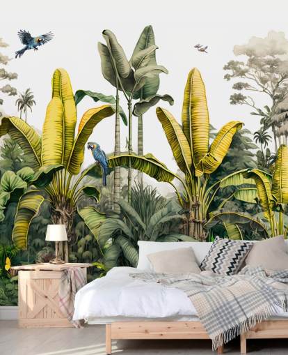 green and yellow jungle wallpaper mural with birds