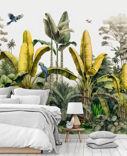 papier peint mural de la jungle verte et jaune avec des oiseaux