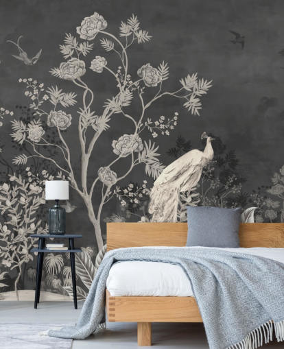 schwarz-weiße Chinoiserie-Tapete mit Kränen für Schlafzimmer schwarz-weiße Chinoiserie-Tapete mit Kränen für Schlafzimmer