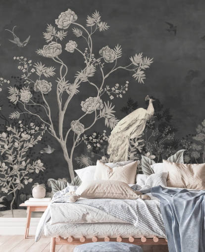 svartvit chinoiserie tapet väggmålning med kranar för sovrum svartvit chinoiserie tapet väggmålning med kranar för sovrum