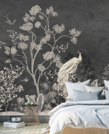 mural de papel pintado de chinoiserie en blanco y negro con grúas para dormitorio
