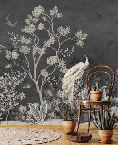 mural de papel pintado de chinoiserie en blanco y negro con grúas para dormitorio