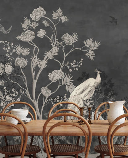 mural de papel pintado de chinoiserie en blanco y negro con grúas para dormitorio