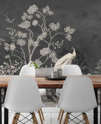 mural de papel pintado de chinoiserie en blanco y negro con grúas para dormitorio mural de papel pintado de chinoiserie en blanco y negro con grúas para dormitorio