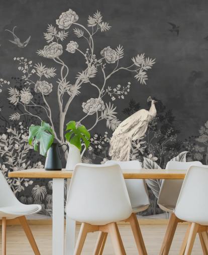 schwarz-weiße Chinoiserie-Tapete mit Kränen für Schlafzimmer