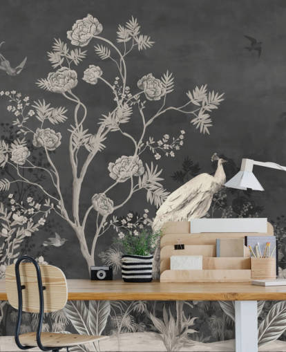 mural de papel pintado de chinoiserie en blanco y negro con grúas para dormitorio