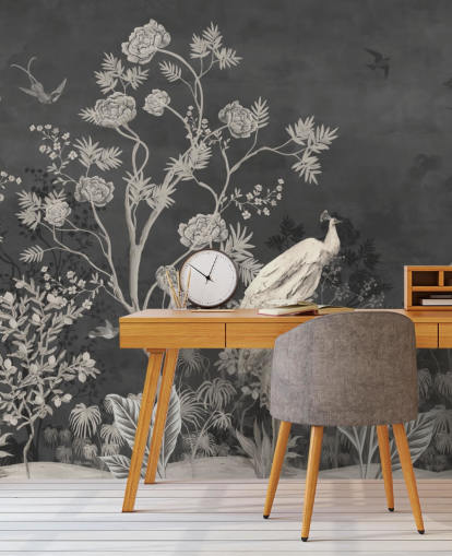 papier peint chinoiserie noir et blanc avec grues pour chambre