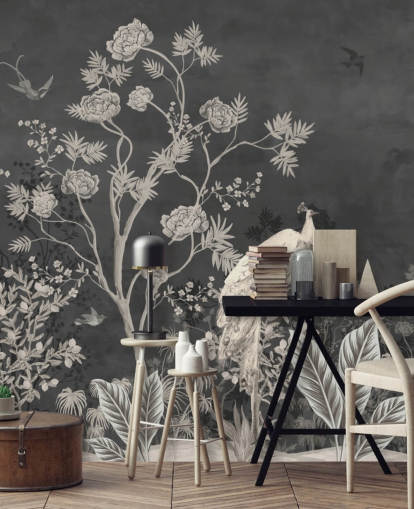 mural de papel pintado de chinoiserie en blanco y negro con grúas para dormitorio