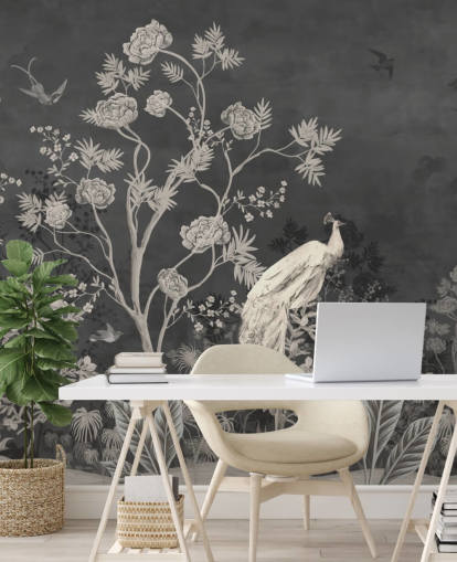 black and white chinoiserie wallpaper mural with cranes for bedroom