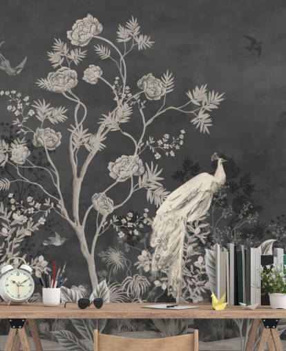 papier peint chinoiserie noir et blanc avec grues pour chambre