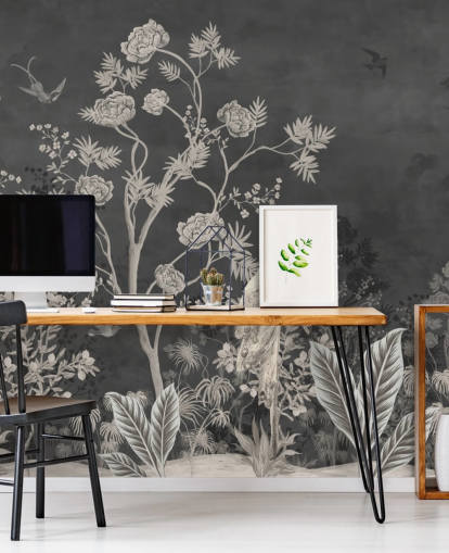 zwart-witte chinoiserie behangmuurschildering met kranen voor slaapkamer