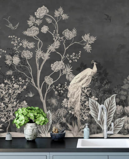 mural de papel pintado de chinoiserie en blanco y negro con grúas para dormitorio mural de papel pintado de chinoiserie en blanco y negro con grúas para dormitorio