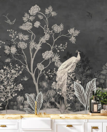 sort og hvid chinoiserie tapet vægmaleri med kraner til soveværelse sort og hvid chinoiserie tapet vægmaleri med kraner til soveværelse