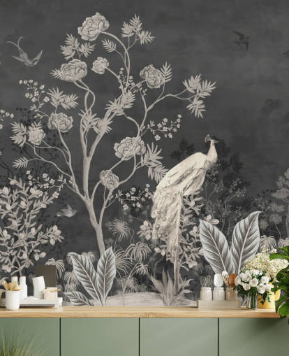 black and white chinoiserie wallpaper mural with cranes for bedroom
