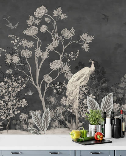 mural de papel pintado de chinoiserie en blanco y negro con grúas para dormitorio