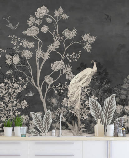 schwarz-weiße Chinoiserie-Tapete mit Kränen für Schlafzimmer