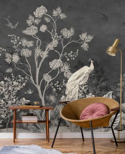 papier peint chinoiserie noir et blanc avec grues pour chambre