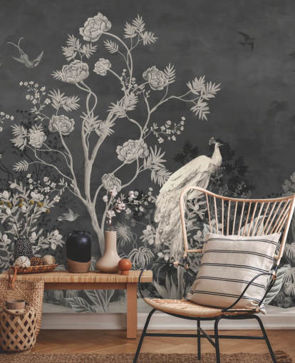 mural de papel de parede chinoiserie preto e branco com guindastes para quarto mural de papel de parede chinoiserie preto e branco com guindastes para quarto
