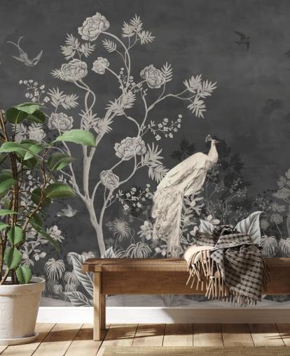 black and white chinoiserie wallpaper mural with cranes for bedroom black and white chinoiserie wallpaper mural with cranes for bedroom