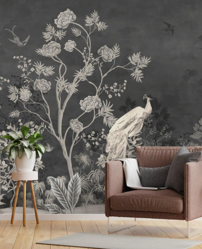 schwarz-weiße Chinoiserie-Tapete mit Kränen für Schlafzimmer