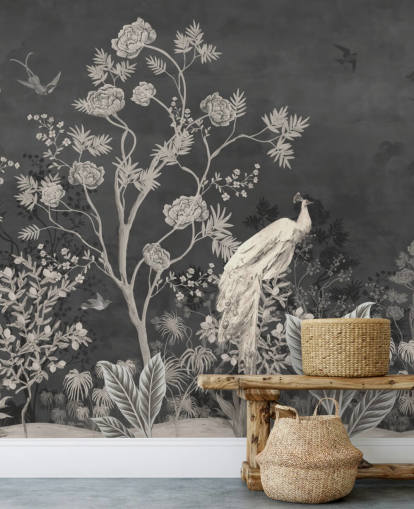 black and white chinoiserie wallpaper mural with cranes for bedroom