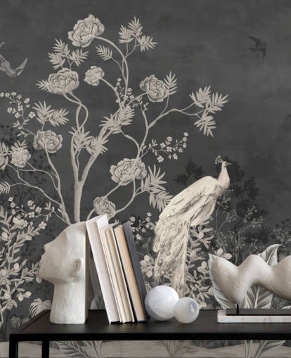 mural de papel pintado de chinoiserie en blanco y negro con grúas para dormitorio
