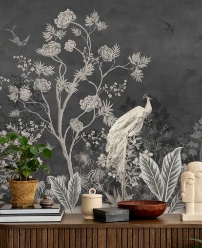 mural de papel pintado de chinoiserie en blanco y negro con grúas para dormitorio mural de papel pintado de chinoiserie en blanco y negro con grúas para dormitorio
