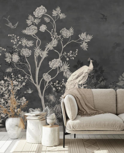 sort og hvid chinoiserie tapet vægmaleri med kraner til soveværelse sort og hvid chinoiserie tapet vægmaleri med kraner til soveværelse