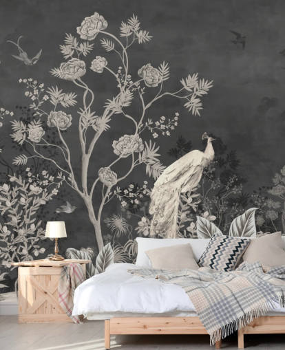 mural de papel pintado de chinoiserie en blanco y negro con grúas para dormitorio