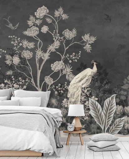 mural de papel de parede chinoiserie preto e branco com guindastes para quarto