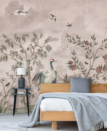 pink floral wallpaper mural with birds for bedroom