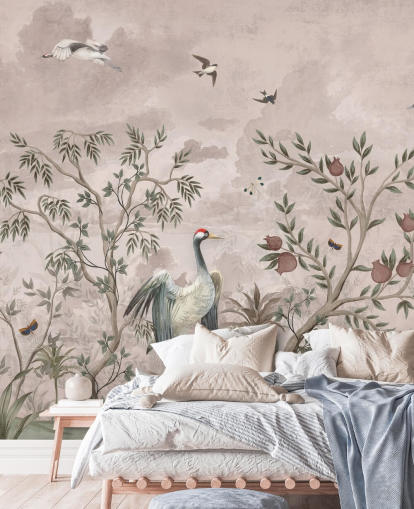 papier peint floral rose avec oiseaux pour chambre